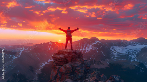 Hiker Celebrating Sunrise on a Mountain Peak