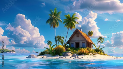 A house on an island in the middle of the sea, surrounded by palm trees and tropical plants, with a blue sky and white clouds overhead. 