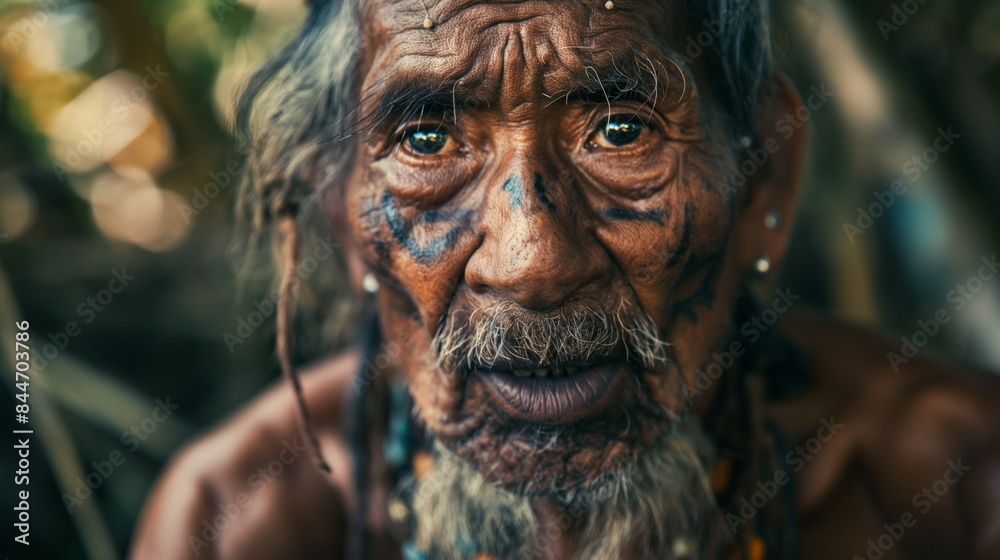 Portrait indigenous man priest. very old, in the middle of the jungle. He has indigenous tattoos