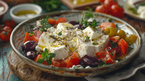 Illustration of average Mediterranean cuisine, authentic Greek appetizer for restaurants. Homemade food in rustic style. Beautiful, tasty, and healthy. Cheese, olives, tomatoes.