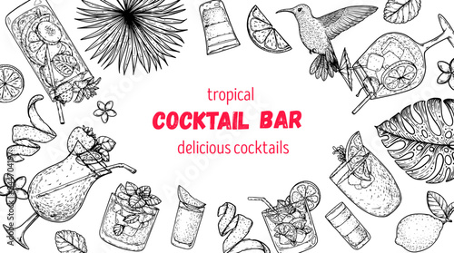 Alcoholic cocktails frame. Tropical cocktails. Hand drawn vector illustration. Cocktails sketch set. Engraved style.