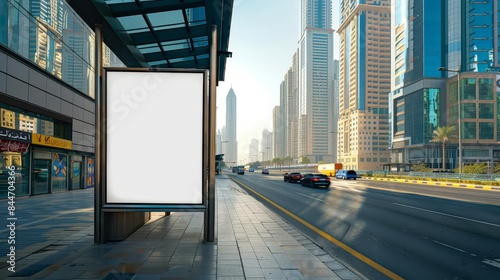 A minimalist daytime shot of a bus shelter with an empty advertisement panel