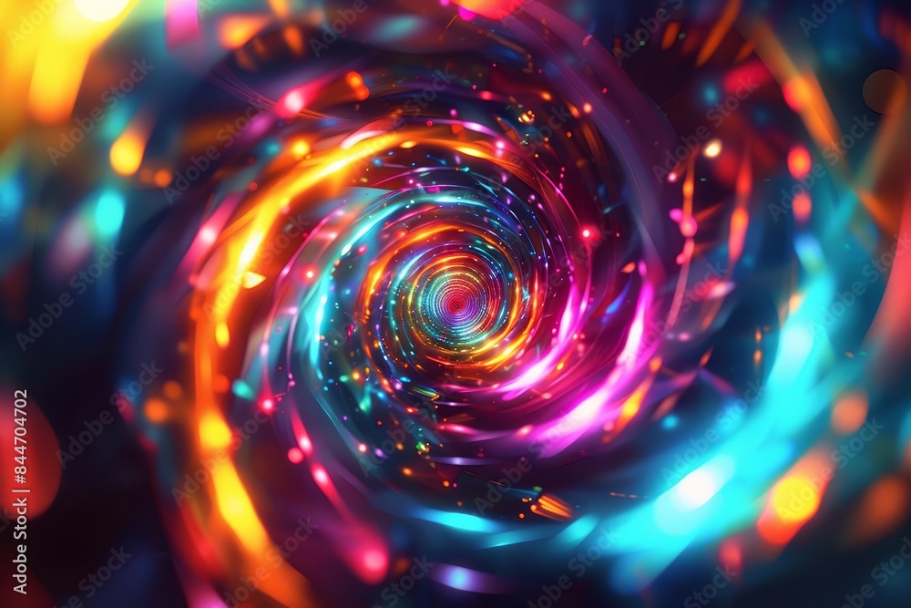 An abstract digital art piece with a central neon spiral set against a dark background The spiral should be glowing with multiple colors An abstract digital art piece with a central neon spiral set against a dark background The spiral should be glowing with multiple colors
