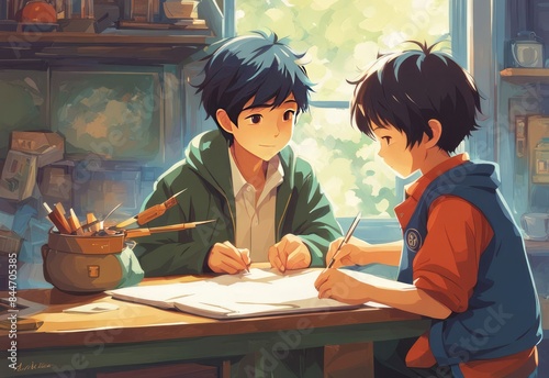 illustration of 2 school children in cartoon and anime style