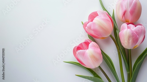 Soft pink tulips bouquet on white background top view mockup