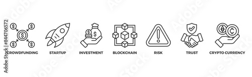 ICO banner web icon vector illustration concept of initial coin offering with icon of crowdfunding, startup, investment, blockchain, risk, trust and cypto currency