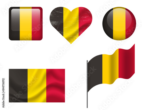 Belgium flag - set of icons. Vector flag of Belgium, symbol. Set of Belgian flags - button, waved, heart.