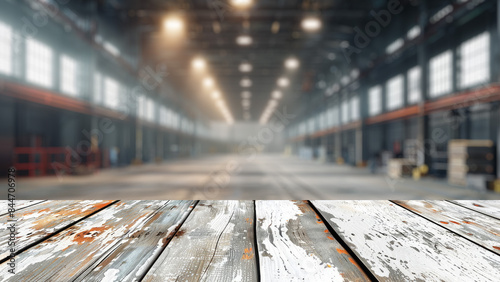 Empty wood table top with blur background of warehouse of factory. The table giving copy space for placing advertising product on the table along with beautiful industrial warehouse background. photo