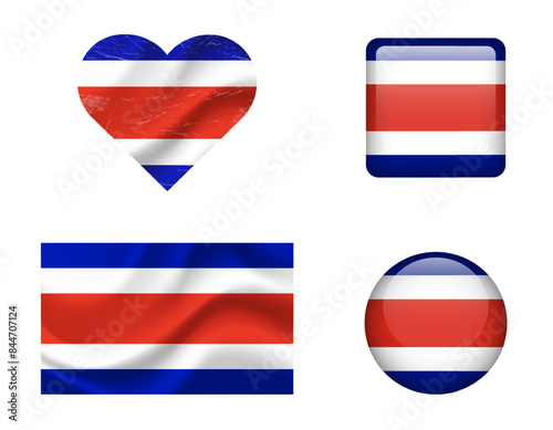 Costa Rica flag set of icons. Vector flag of Costa Rica, symbol. Set of Costa Rica flags button, waved, heart.