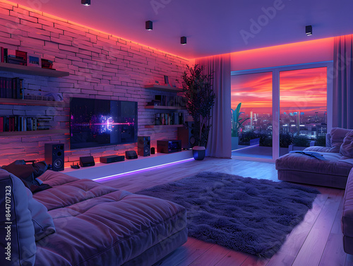 Ein modernes Wohnzimmer mit einem großen Fenster, das auf die Stadtsilhouette blickt. Der Raum hat ein Schwarz-Weiß-Farbkonzept mit roten und violetten Akzenten. 