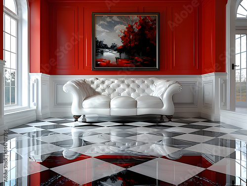 Ein prunkvolles und ornamentales Zimmer mit roten Wänden, einem schwarz-weiß-karierten Boden, einem weißen Sofa und einem Gemälde roter Bäume an der Wand.