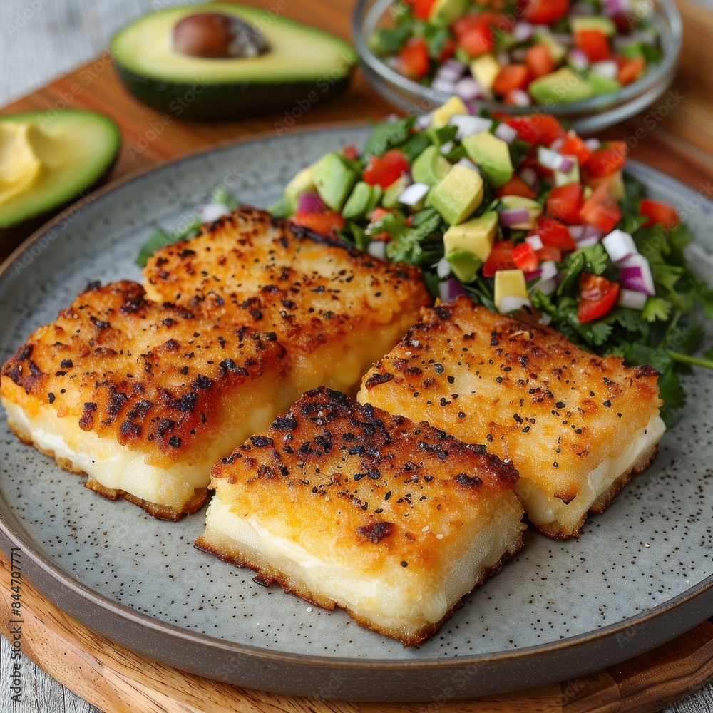 Delicious Crispy Fried Halloumi Cheese with Fresh Avocado Salad and Tomato Salsa on a Stoneware Plate - Perfect for a Healthy Lunch or Snack Delicious Crispy Fried Halloumi Cheese with Fresh Avocado Salad and Tomato Salsa on a Stoneware Plate - Perfect for a Healthy Lunch or Snack