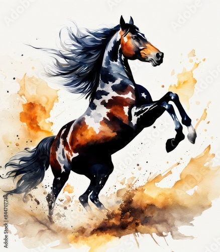 illustration of a galloping black horse, ink painting, watercolor, and abstract on a white background.