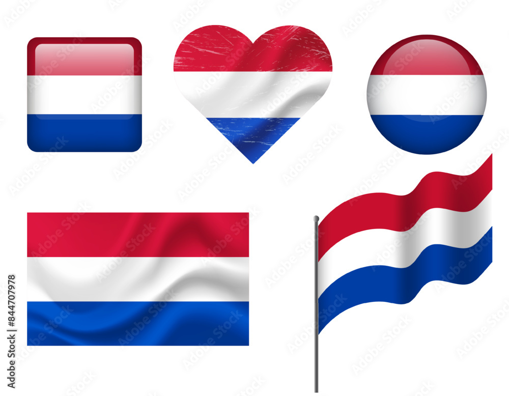 Obraz premium Netherlands flag set of icons. Vector flag of Netherlands, symbol. Set of Netherlands flags button, waved, heart.