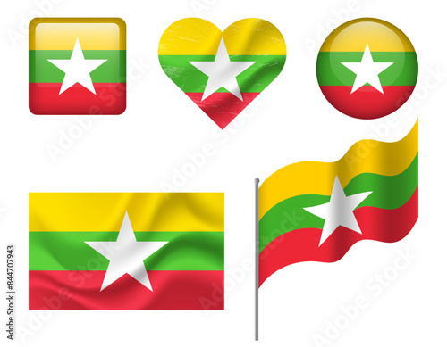 Free Download Myanmar flag set of icons. Vector flag of Myanmar symbol. Set of Myanmar flags button, waved, heart. - GFXLoad