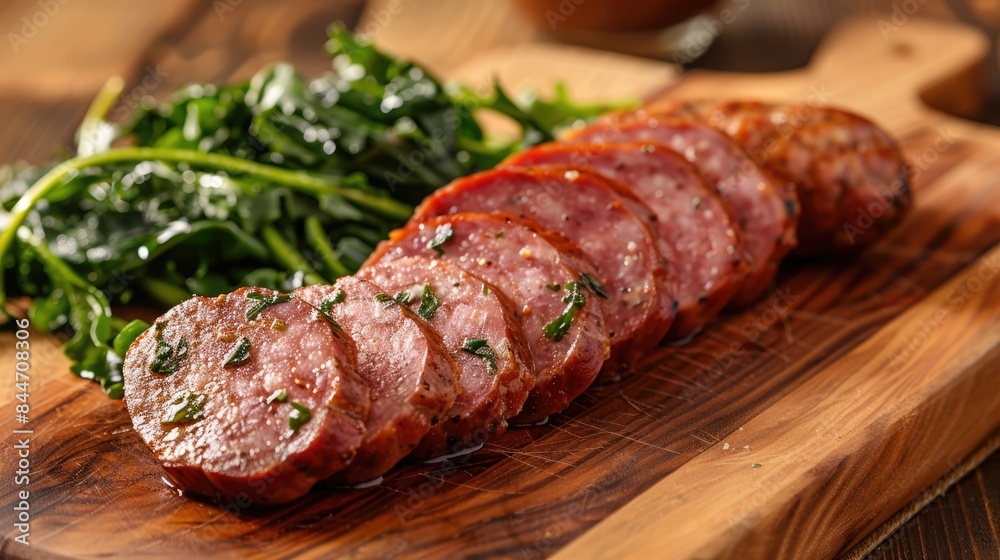 The concept of farm-based, environmentally friendly products. Juicy delicious sausage on a wooden board.