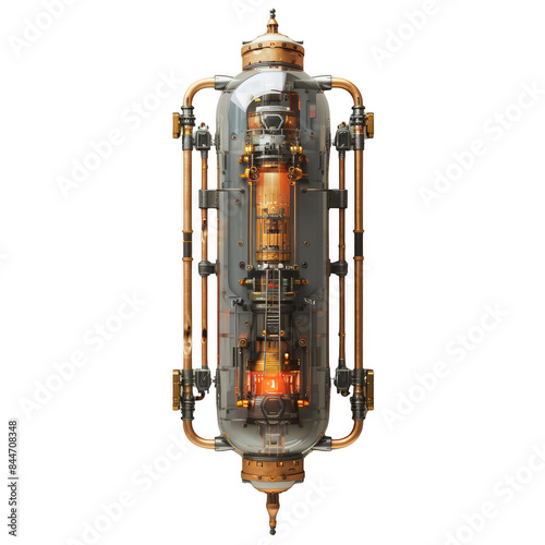 Futuristic steampunk machinery with intricate design, showcasing detailed gears and metallic elements in a transparent glass casing.
