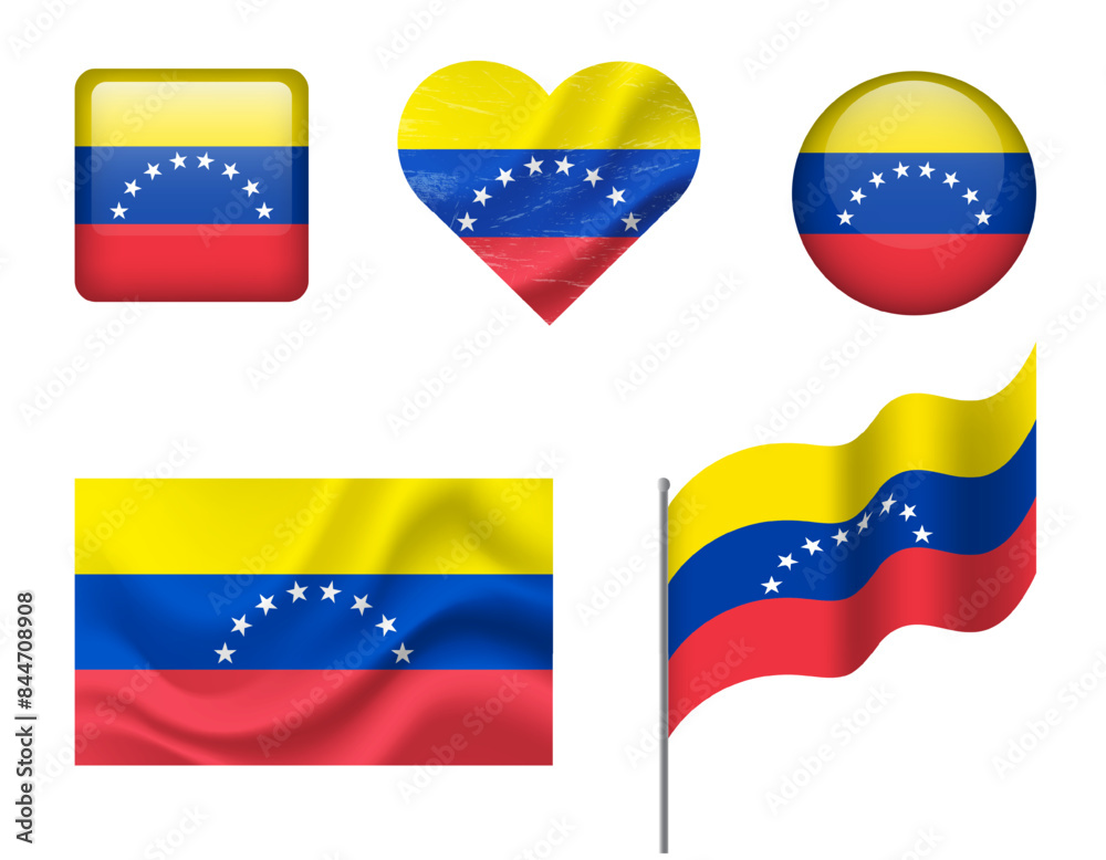 Venezuela flag set of icons. Vector flag of Venezuela, symbol. Set of Venezuela flags button, waved, heart. Venezuela flag set of icons. Vector flag of Venezuela, symbol. Set of Venezuela flags button, waved, heart.