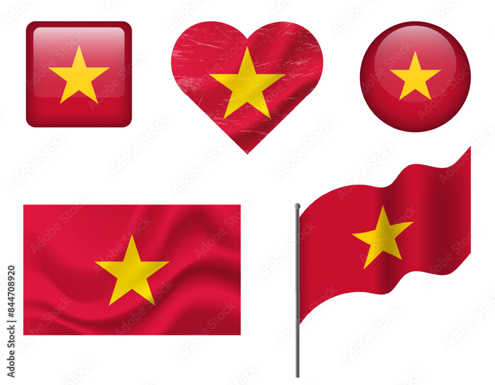 Vietnam flag set of icons. Vector flag of Vietnam symbol. Set of Vietnam flags button, waved, heart. Vietnam flag set of icons. Vector flag of Vietnam symbol. Set of Vietnam flags button, waved, heart.