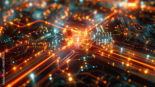 A digital rendering of a quantum circuit diagram showing the interconnected qubits and quantum gates representing the computational algorithms and operations performed in a quantum computation.