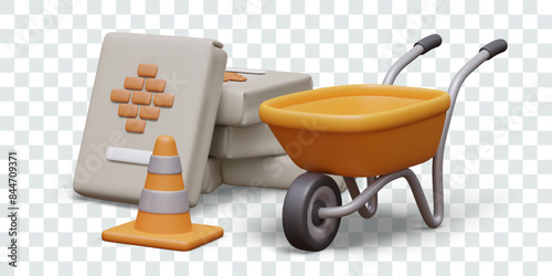 Construction in progress. Scene from site. Vector composition in 3D style
