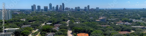 Aerial Panoramic View of Urban Skyline and Tree-Filled Residential Neighborhood with Clear Blue Sky and Scattered Buildings