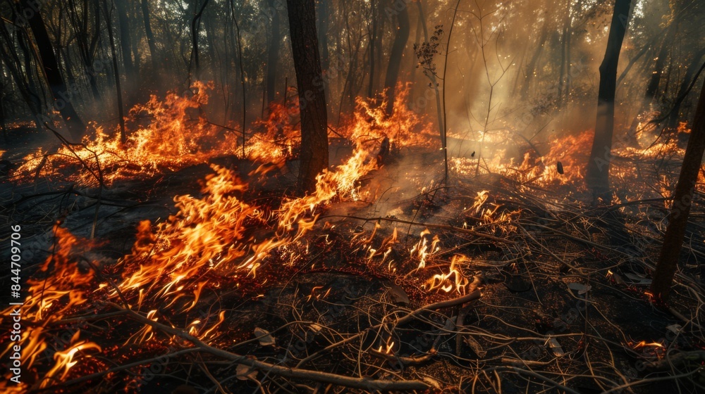 Flames spreading rapidly through dry underbrush in a forest, fueled by high winds and dry conditions Flames spreading rapidly through dry underbrush in a forest, fueled by high winds and dry conditions