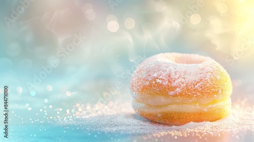 Glazed sufganiyot donut dusted with powdered sugar, set against a soft, dreamy background. subtle light flares create a whimsical and inviting atmosphere, perfect for Hanukkah designs. photo