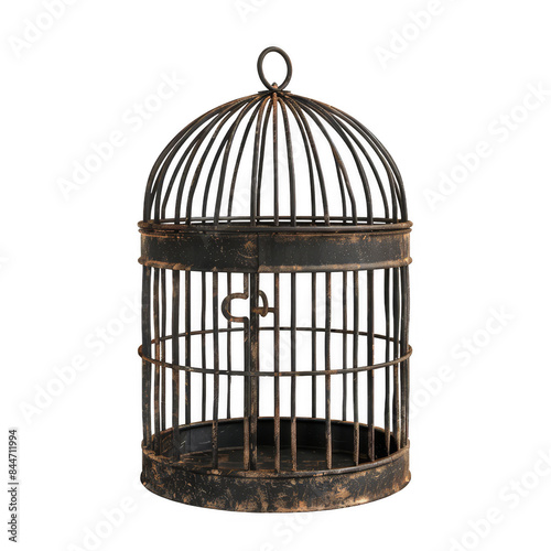 Vintage birdcage with an old rustic finish, empty and open, isolated on a white background, perfect for decoration or unique art pieces.