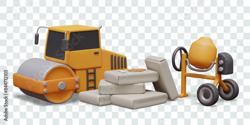 Road roller, concrete mixer, bags with cement. Equipment and machinery
