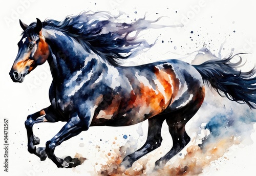 illustration of a galloping black horse, ink painting, watercolor, and abstract on a white background.