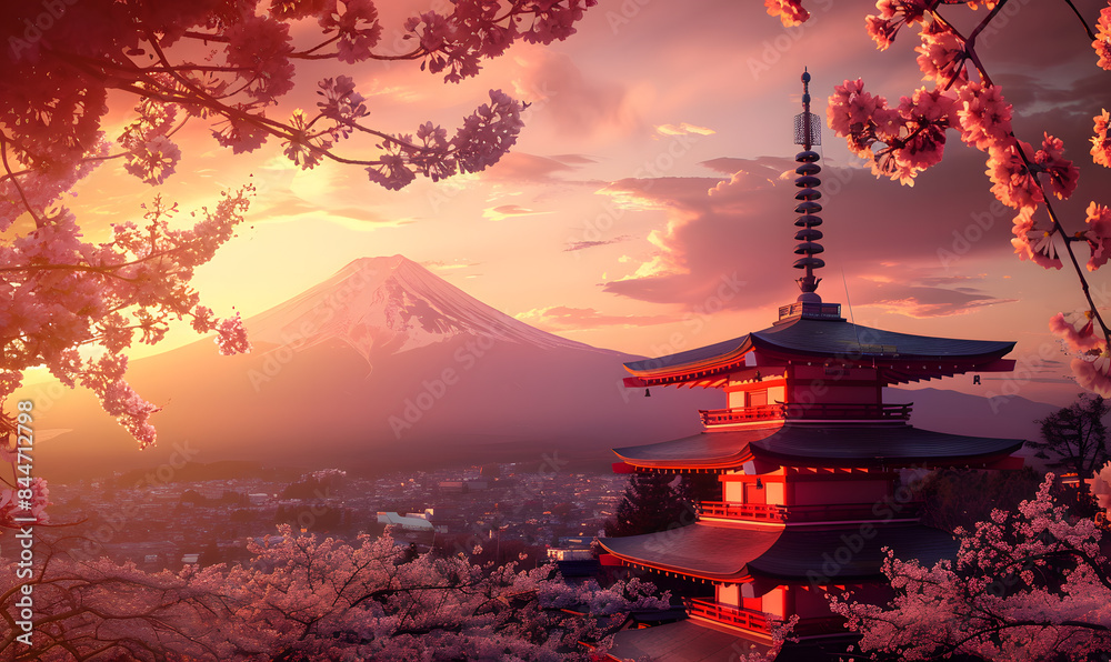 japanese temple in the morning with mount fuji as a background japanese temple in the morning with mount fuji as a background