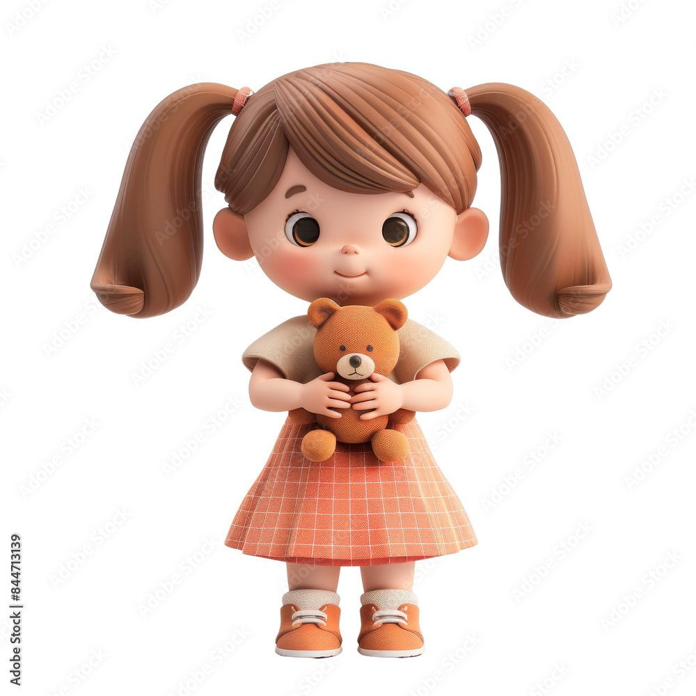 Naklejka premium Adorable 3D-rendered child character with pigtails, wearing a dress, and holding a teddy bear, standing with a happy expression. Isolated on a transparent background. PNG, File