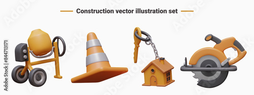 Vector concrete mixer, signal cone, house key, circular saw