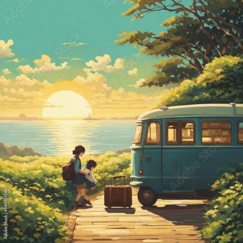 Illustration of a girl who loves traveling, carrying a suitcase, reading a travel guide in anime, watercolor and cartoon style.