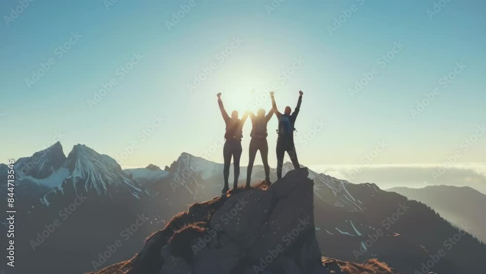 Together overcoming obstacles as a group of three people raising hands up on the top of a mountain
