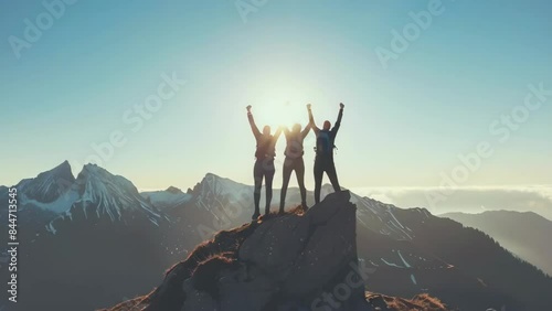 Together overcoming obstacles as a group of three people raising hands up on the top of a mountain
