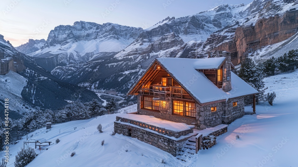 Fototapeta premium A cozy wooden cabin nestled in a snowy mountain landscape. The cabin is lit up, creating a warm and inviting atmosphere.