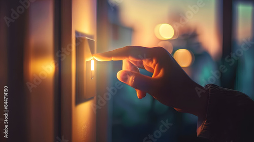 Closeup of a hand turning off a light switch in a softly lit room photo