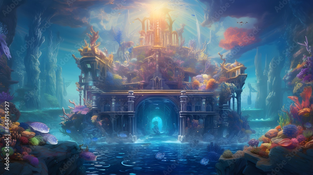 3d illustration of a fantasy temple in the sea, underwater world