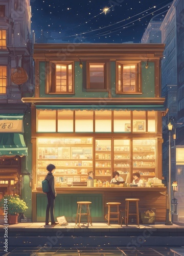 illustration of a person and the sparkle of big and small stars in anime and cartoon style