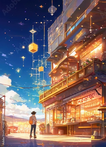 illustration of a person and the sparkle of big and small stars in anime and cartoon style