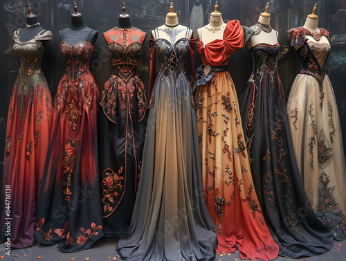 Eine Auswahl von Kleidern, die ausgestellt sind und eine Vielzahl von Designs und Farben präsentieren. photo
