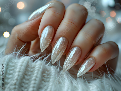 Eine Nahaufnahme der Hand einer Frau mit langen, weißen, glitzernden Nägeln.