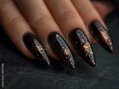 Eine Nahaufnahme der Hände einer Frau mit langen, schwarzen Nägeln, die mit goldglitzerndem Nagellack verziert sind.