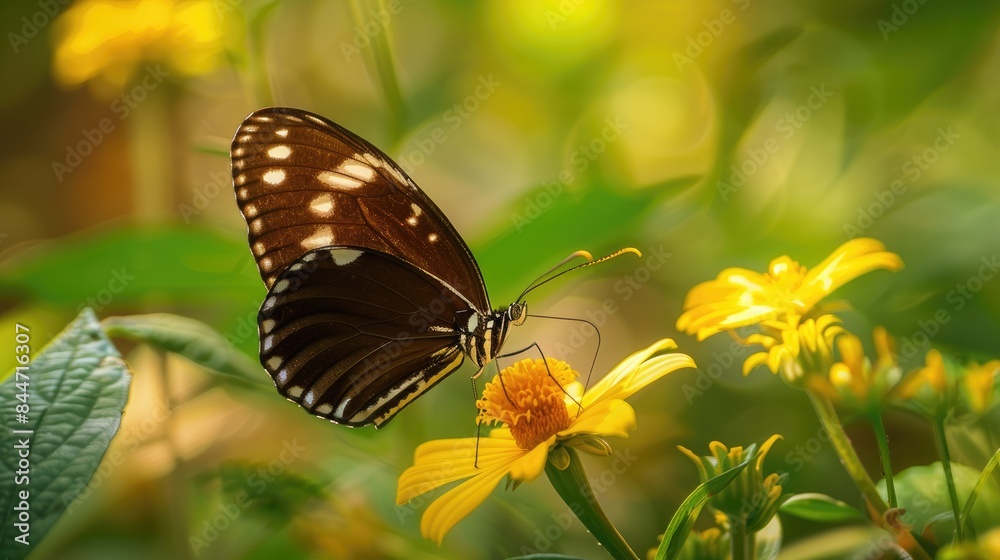 Fototapeta premium Brown butterfly with white spots feeding on nectar from a yellow green flower
