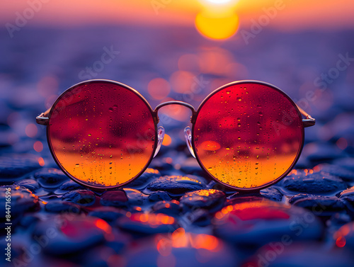 Das Bild zeigt eine Sonnenbrille mit der Reflexion des Sonnenuntergangs auf ihren Gläsern.
