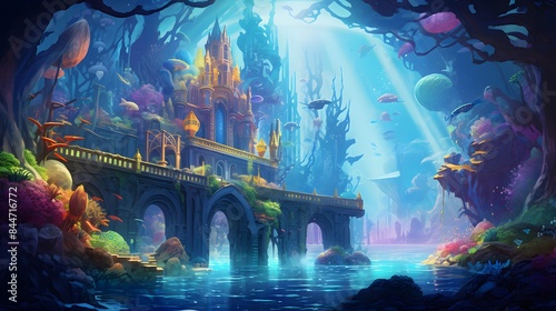 Fantasy landscape with a bridge in the middle of the sea. Illustration