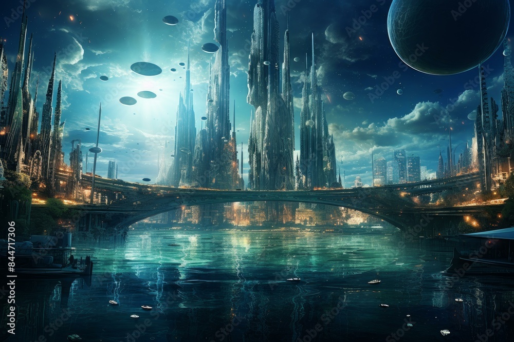 Imaginative and futuristic cityscape with skyscrapers and a serene ...