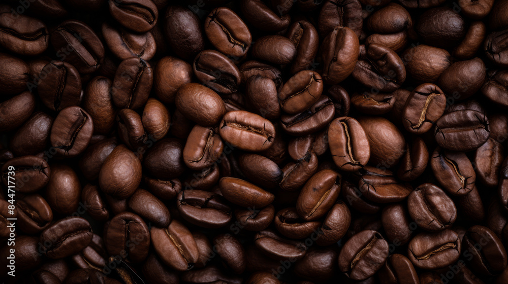 Obraz premium Richly Lit Top-Down View of Dark-Brown Coffee Beans: Ideal for Exquisite Coffee-Themed Designs and Business Backgrounds
